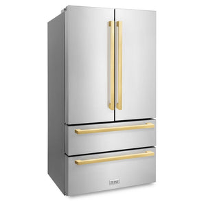 ZLINE Autograph Edition 36 in. 22.5 cu. ft. Counter-Depth French Door Refrigerator with Ice Maker in Fingerprint-Resistant Stainless Steel with Polished Gold Modern Handles (RFMZ-36-FG) side, closed.