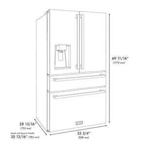 ZLINE Autograph Edition 36 in. 21.6 cu. ft 4-Door French Door Refrigerator with Water and Ice Dispenser in Stainless Steel with Polished Gold Square Handles (RFMZ-W-36-FG) dimensional diagram with measurements.