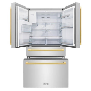 ZLINE Autograph Edition 36 in. 21.6 cu. ft. Counter-Depth French Door Refrigerator with Water and Ice Dispenser in Fingerprint-Resistant Stainless Steel with Polished Gold Modern Handles (RFMZ-W-36-FG) front, refrigeration compartment and bottom freezer drawers open.