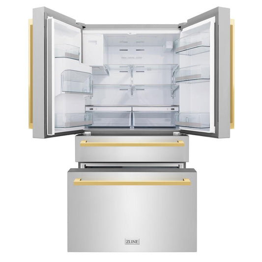 ZLINE Autograph Edition 36 in. 21.6 cu. ft. Counter-Depth French Door Refrigerator with Water and Ice Dispenser in Fingerprint-Resistant Stainless Steel with Polished Gold Modern Handles (RFMZ-W-36-FG) front, refrigeration compartment and bottom freezer drawers open.