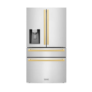 ZLINE Autograph Edition 36 in. 21.6 cu. ft. Counter-Depth French Door Refrigerator with Water and Ice Dispenser in Fingerprint-Resistant Stainless Steel with Polished Gold Modern Handles (RFMZ-W-36-FG) front, closed.