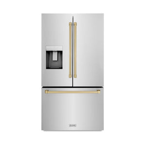 ZLINE Autograph Edition 36 in. 28.9 cu. ft. Standard-Depth French Door External Water Dispenser Refrigerator with Dual Ice Maker in Fingerprint Resistant Stainless Steel and Champagne Bronze Handles (RSMZ-W-36-CB) front, closed.