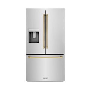 ZLINE Autograph Edition 36 in. 28.9 cu. ft. Standard-Depth French Door External Water Dispenser Refrigerator with Dual Ice Maker in Fingerprint Resistant Stainless Steel and Champagne Bronze Handles (RSMZ-W-36-CB) front.