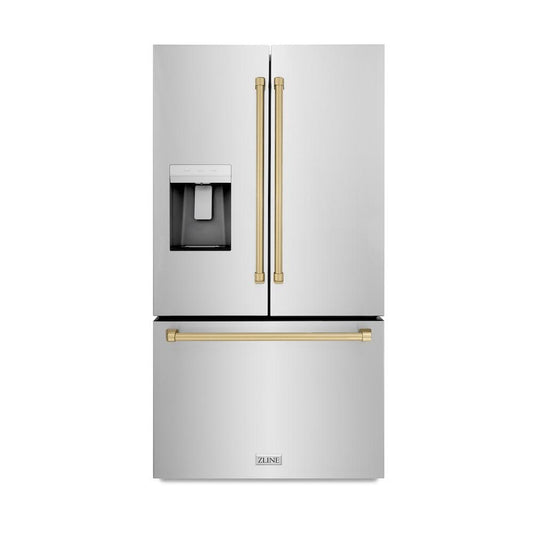 ZLINE Autograph Edition 36 in. 28.9 cu. ft. Standard-Depth French Door External Water Dispenser Refrigerator with Dual Ice Maker in Fingerprint Resistant Stainless Steel and Champagne Bronze Handles (RSMZ-W-36-CB)