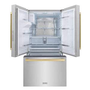 ZLINE Autograph Edition 36 in. Standard-Depth Refrigerator in Stainless Steel and Champagne Bronze Square Handles (RSMZ-W36-FCB) front, doors and bottom freezer drawer open closed.