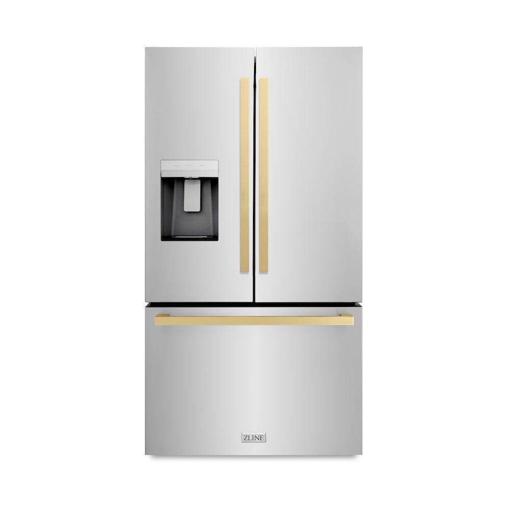 ZLINE Autograph Edition 36 in. 28.9 cu. ft. Standard-Depth French Door External Water Dispenser Refrigerator with Dual Ice Maker in Fingerprint Resistant Stainless Steel and Champagne Bronze Square Handles (RSMZ-W-36-FCB) front.