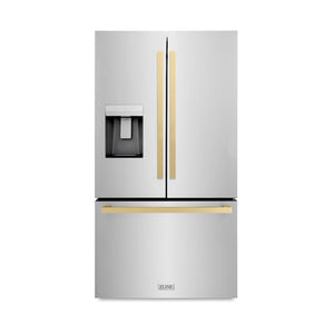 ZLINE Autograph Edition 36 in. 28.9 cu. ft. Standard-Depth French Door External Water Dispenser Refrigerator with Dual Ice Maker in Fingerprint Resistant Stainless Steel and Champagne Bronze Square Handles (RSMZ-W-36-FCB) front.