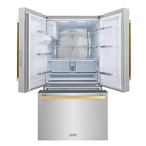 ZLINE Autograph Edition 36 in. 28.9 cu. ft. Standard-Depth French Door External Water Dispenser Refrigerator with Dual Ice Maker in Fingerprint-Resistant Stainless Steel and Polished Gold Modern Handles (RSMZ-W-36-FG) front, open.