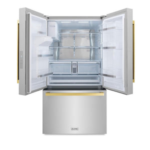 ZLINE Autograph Edition 36 in. 28.9 cu. ft. Standard-Depth French Door External Water Dispenser Refrigerator with Dual Ice Maker in Fingerprint-Resistant Stainless Steel and Polished Gold Modern Handles (RSMZ-W-36-FG) front, open.