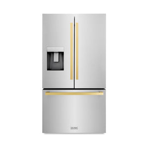 ZLINE Autograph Edition 36 in. 28.9 cu. ft. Standard-Depth French Door External Water Dispenser Refrigerator with Dual Ice Maker in Fingerprint Resistant Stainless Steel and Polished Gold Modern Handles (RSMZ-W-36-FG) front, closed.
