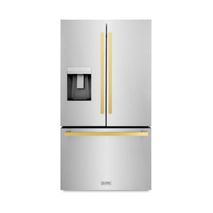 ZLINE Autograph Edition 36 in. 28.9 cu. ft. Standard-Depth French Door External Water Dispenser Refrigerator with Dual Ice Maker in Fingerprint Resistant Stainless Steel and Polished Gold Square Handles (RSMZ-W-36-FG) front.