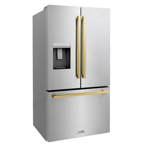 ZLINE Autograph Edition 36 in. 28.9 cu. ft. Standard-Depth French Door External Water Dispenser Refrigerator with Dual Ice Maker in Fingerprint Resistant Stainless Steel and Polished Gold Modern Handles (RSMZ-W-36-FG) side, closed.