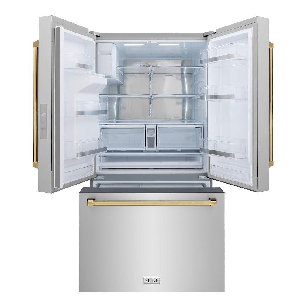 ZLINE Autograph Edition 36 in. 28.9 cu. ft. Standard-Depth French Door External Water Dispenser Refrigerator with Dual Ice Maker in Fingerprint Resistant Stainless Steel and Polished Gold Handles (RSMZ-W-36-G) front, refrigeration compartment and bottom freezer drawer open.