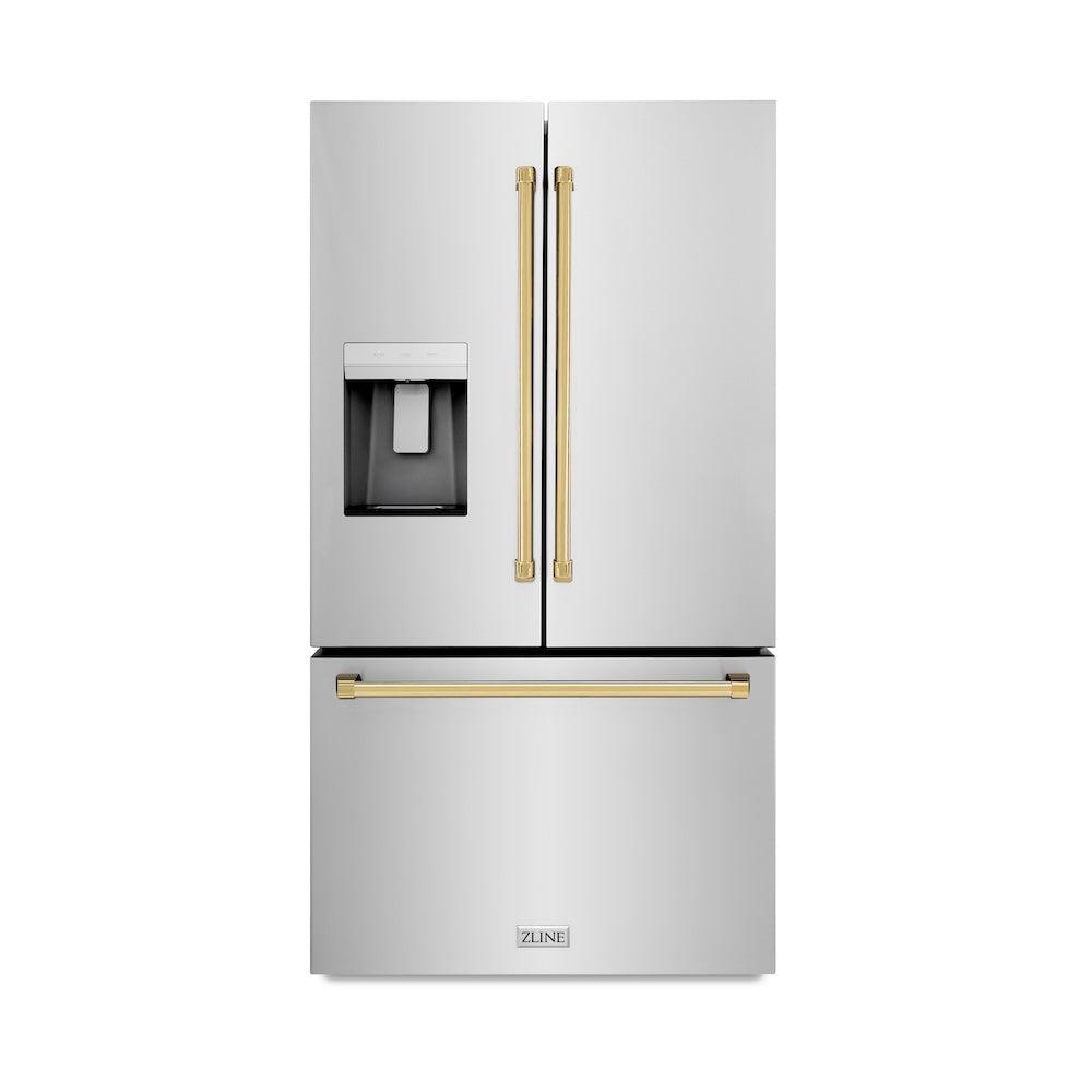 ZLINE Autograph Edition 36 in. 28.9 cu. ft. Standard-Depth French Door External Water Dispenser Refrigerator with Dual Ice Maker in Fingerprint Resistant Stainless Steel and Polished Gold Handles (RSMZ-W-36-G) front.