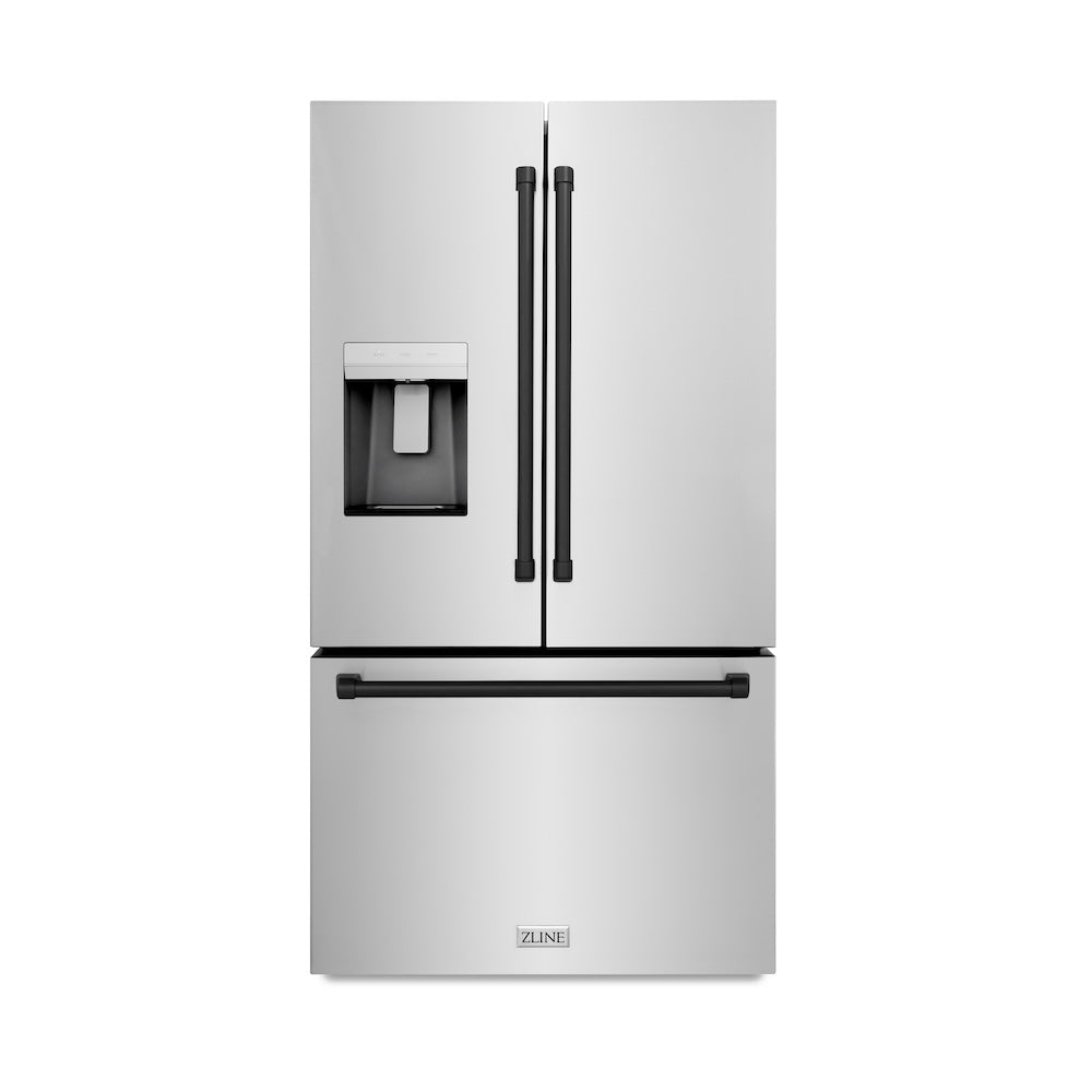 ZLINE Autograph Edition 36 in. 28.9 cu. ft. Standard-Depth French Door External Water Dispenser Refrigerator with Dual Ice Maker in Fingerprint Resistant Stainless Steel and Matte Black Handles (RSMZ-W-36-MB) front.