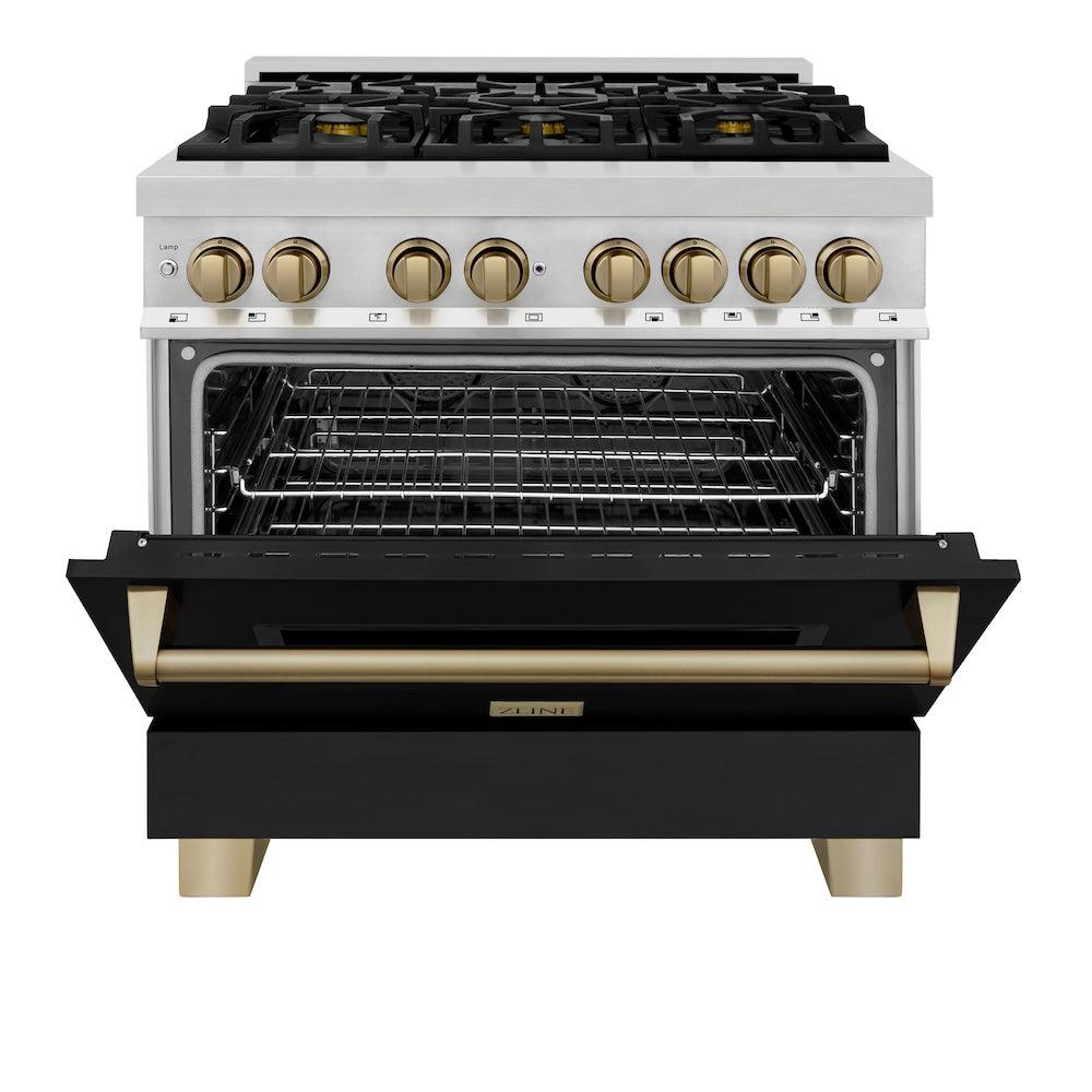 ZLINE Autograph Edition 36 in. 4.6 cu. ft. Legacy Dual Fuel Range with 6 Burner Gas Cooktop and Electric Convection Oven in Stainless Steel with Black Matte Door and Champagne Bronze Accents (RAZ-BLM-36-CB) front, oven half open.