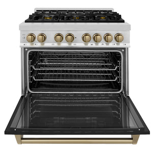 ZLINE Autograph Edition 36 in. 4.6 cu. ft. Legacy Dual Fuel Range with 6 Burner Gas Cooktop and Electric Convection Oven in Stainless Steel with Black Matte Door and Champagne Bronze Accents (RAZ-BLM-36-CB) front, oven open.