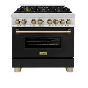 ZLINE Autograph Edition 36 in. 4.6 cu. ft. Legacy Dual Fuel Range with 6 Burner Gas Cooktop and Electric Convection Oven in Stainless Steel with Black Matte Door and Champagne Bronze Accents (RAZ-BLM-36-CB) front, oven closed.