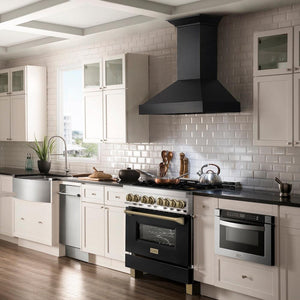 ZLINE Autograph Edition 36 in. 4.6 cu. ft. Legacy Dual Fuel Range with 6 Burner Gas Cooktop and Electric Convection Oven in Stainless Steel with Black Matte Door and Champagne Bronze Accents (RAZ-BLM-36-CB) in a luxury kitchen.