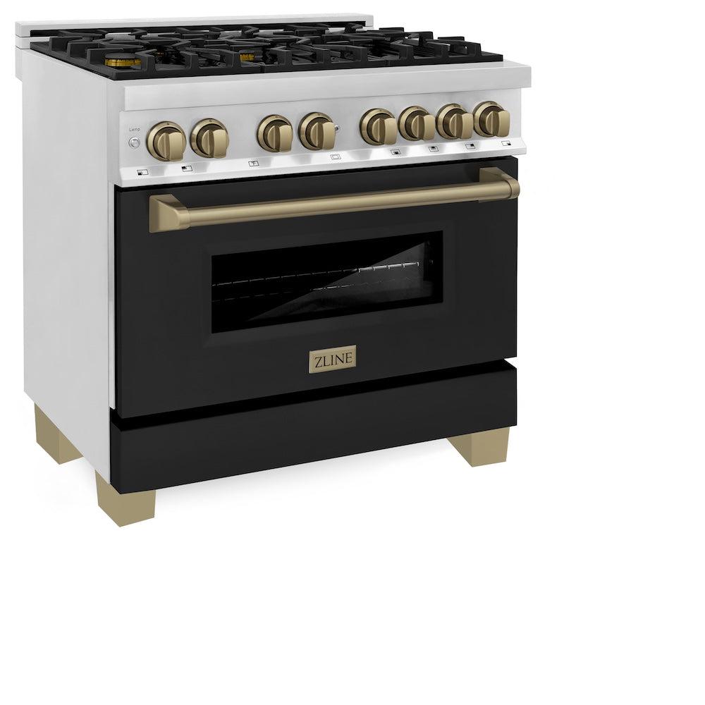 ZLINE Autograph Edition 36 in. 4.6 cu. ft. Legacy Dual Fuel Range with 6 Burner Gas Cooktop and Electric Convection Oven in Stainless Steel with Black Matte Door and Champagne Bronze Accents (RAZ-BLM-36-CB) side, oven closed.