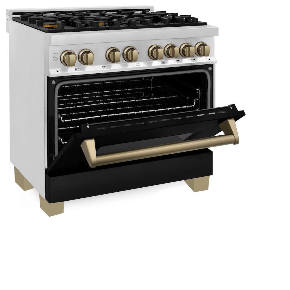 ZLINE Autograph Edition 36 in. 4.6 cu. ft. Legacy Dual Fuel Range with 6 Burner Gas Cooktop and Electric Convection Oven in Stainless Steel with Black Matte Door and Champagne Bronze Accents (RAZ-BLM-36-CB) side, oven half open.