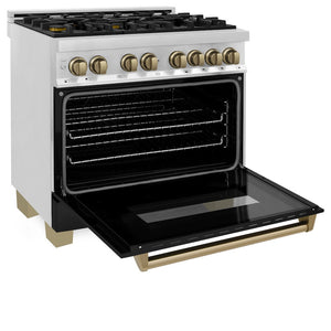 ZLINE Autograph Edition 36 in. 4.6 cu. ft. Legacy Dual Fuel Range with 6 Burner Gas Cooktop and Electric Convection Oven in Stainless Steel with Black Matte Door and Champagne Bronze Accents (RAZ-BLM-36-CB) side, oven open.
