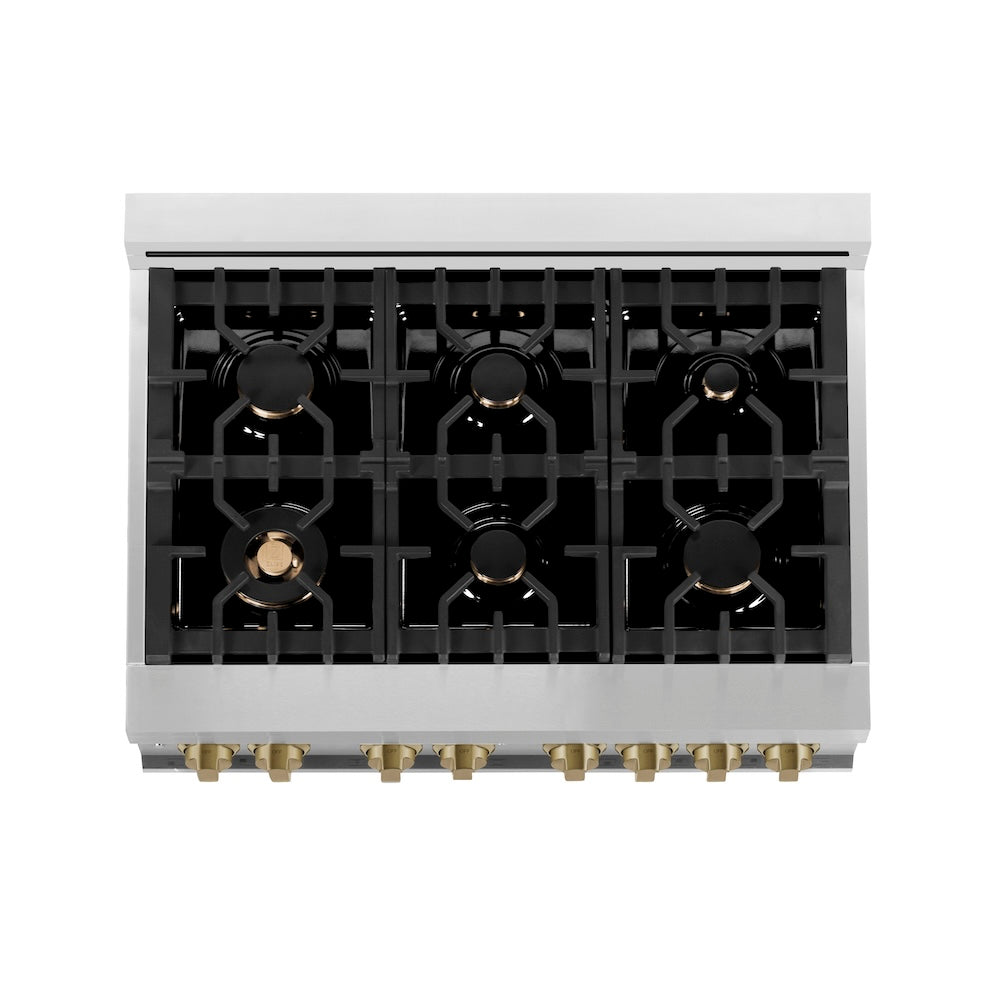 ZLINE Autograph Edition 36 in. 4.6 cu. ft. Legacy Dual Fuel Range with 6 Burner Gas Cooktop and Electric Convection Oven in Stainless Steel with Black Matte Door and Champagne Bronze Accents (RAZ-BLM-36-CB) top-view, above cooktop.