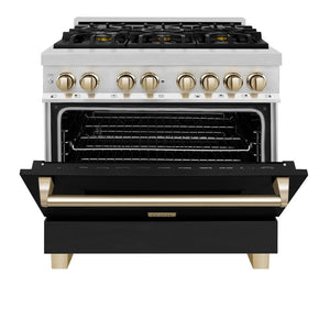 ZLINE Autograph Edition 36 in. 4.6 cu. ft. Legacy Dual Fuel Range with 6 Burner Gas Cooktop and Electric Convection Oven in Stainless Steel with Black Matte Door and Polished Gold Accents (RAZ-BLM-36-G) front, oven half open.