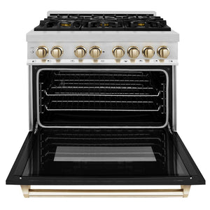 ZLINE Autograph Edition 36 in. 4.6 cu. ft. Legacy Dual Fuel Range with 6 Burner Gas Cooktop and Electric Convection Oven in Stainless Steel with Black Matte Door and Polished Gold Accents (RAZ-BLM-36-G) front, open.
