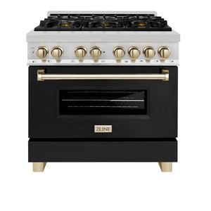 ZLINE Autograph Edition 36 in. 4.6 cu. ft. Legacy Dual Fuel Range with 6 Burner Gas Cooktop and Electric Convection Oven in Stainless Steel with Black Matte Door and Polished Gold Accents (RAZ-BLM-36-G) front, oven closed.