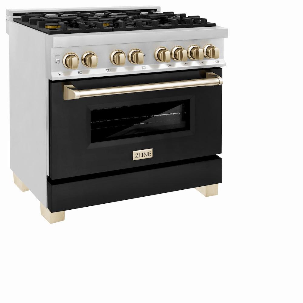 ZLINE Autograph Edition 36 in. 4.6 cu. ft. Legacy Dual Fuel Range with 6 Burner Gas Cooktop and Electric Convection Oven in Stainless Steel with Black Matte Door and Polished Gold Accents (RAZ-BLM-36-G) side, oven closed.