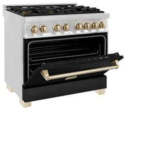 ZLINE Autograph Edition 36 in. 4.6 cu. ft. Legacy Dual Fuel Range with 6 Burner Gas Cooktop and Electric Convection Oven in Stainless Steel with Black Matte Door and Polished Gold Accents (RAZ-BLM-36-G) side, oven half open.