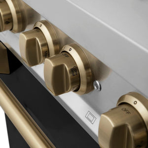 ZLINE Autograph Edition 48 in. 6.0 cu. ft. Legacy Dual Fuel Range with 7 Burner Gas Cooktop and 2 Electric Ovens in Stainless Steel with Black Matte Doors and Champagne Bronze Accents (RAZ-BLM-48-CB) knobs.