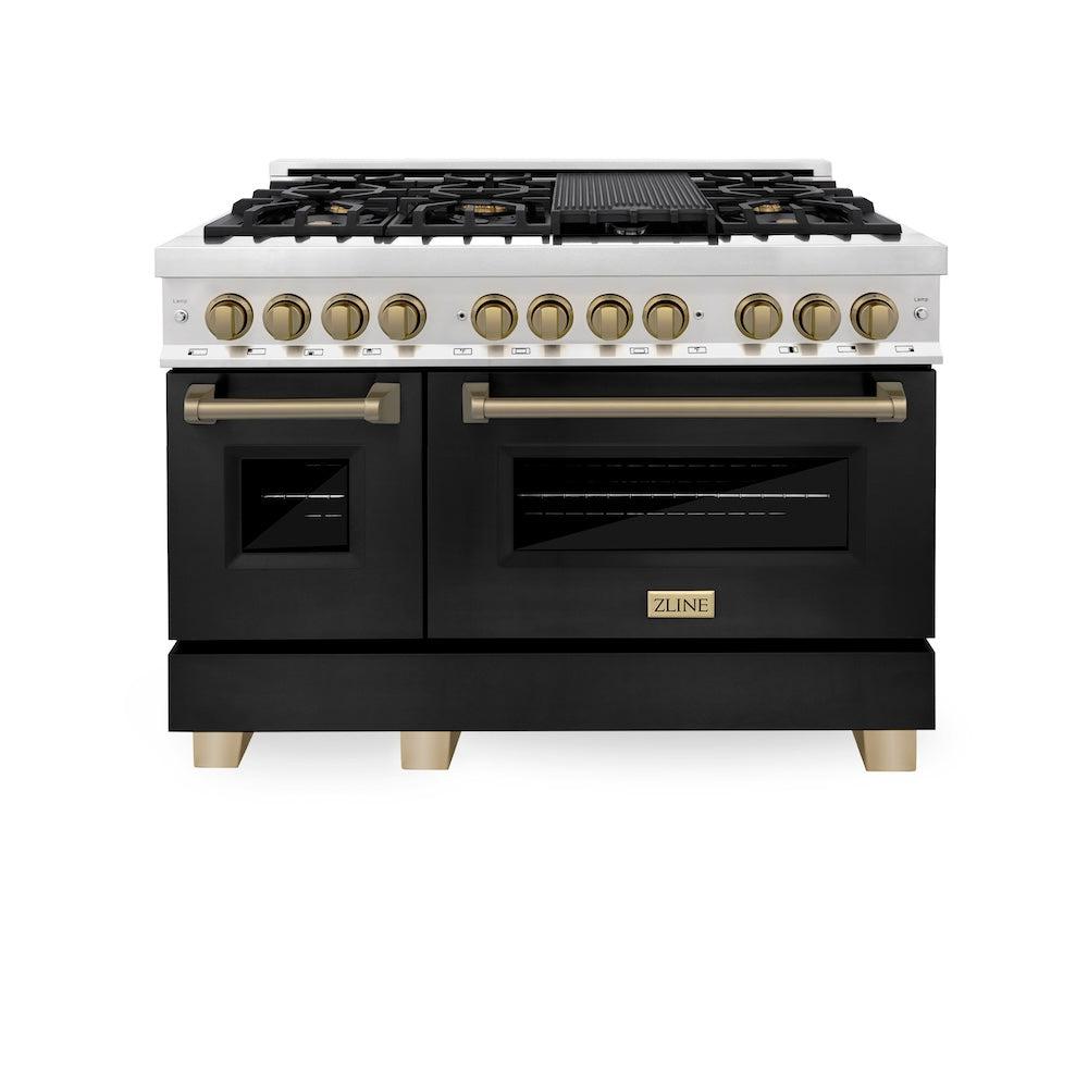 ZLINE Autograph Edition 48 in. 6.0 cu. ft. Legacy Dual Fuel Range with 7 Burner Gas Cooktop and 2 Electric Ovens in Stainless Steel with Black Matte Doors and Champagne Bronze Accents (RAZ-BLM-48-CB) front, oven closed.