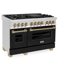 ZLINE Autograph Edition 48 in. 6.0 cu. ft. Legacy Dual Fuel Range with 7 Burner Gas Cooktop and 2 Electric Ovens in Stainless Steel with Black Matte Doors and Champagne Bronze Accents (RAZ-BLM-48-CB) side, oven closed.