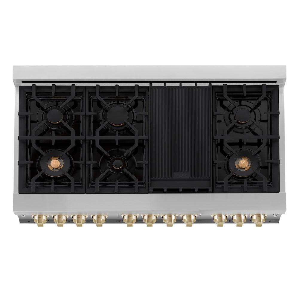 ZLINE Autograph Edition 48 in. 6.0 cu. ft. Legacy Dual Fuel Range with 7 Burner Gas Cooktop and 2 Electric Ovens in Stainless Steel with Black Matte Doors and Champagne Bronze Accents (RAZ-BLM-48-CB) top-view, above cooktop.