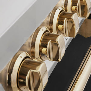 ZLINE Autograph Edition 48 in. 6.0 cu. ft. Legacy Dual Fuel Range with 7 Burner Gas Cooktop and 2 Electric Ovens in Stainless Steel with Black Matte Doors and Polished Gold Accents (RAZ-BLM-48-G) side, control knobs close-up.