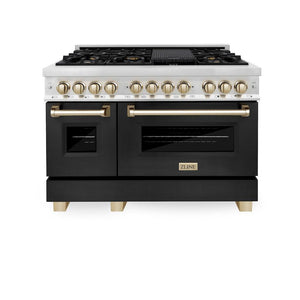 ZLINE Autograph Edition 48 in. 6.0 cu. ft. Legacy Dual Fuel Range with 7 Burner Gas Cooktop and 2 Electric Ovens in Stainless Steel with Black Matte Doors and Polished Gold Accents (RAZ-BLM-48-G) front, oven closed.