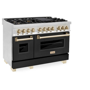 ZLINE Autograph Edition 48 in. 6.0 cu. ft. Legacy Dual Fuel Range with 7 Burner Gas Cooktop and 2 Electric Ovens in Stainless Steel with Black Matte Doors and Polished Gold Accents (RAZ-BLM-48-G) side, oven closed.