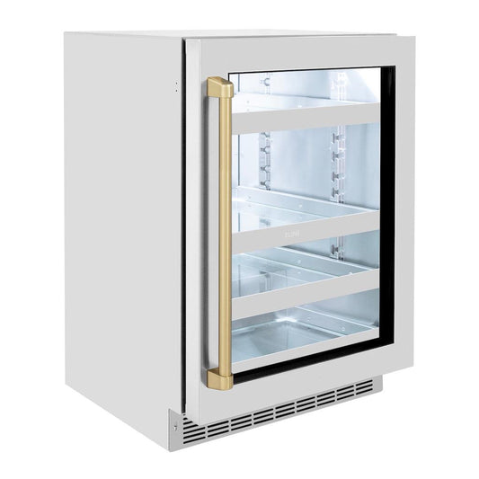 ZLINE Autograph Edition 24 in. Touchstone 151 Can Beverage Fridge With Stainless Steel Glass Door And Champagne Bronze Handle (RBSOZ-GS-24-CB) side, closed.