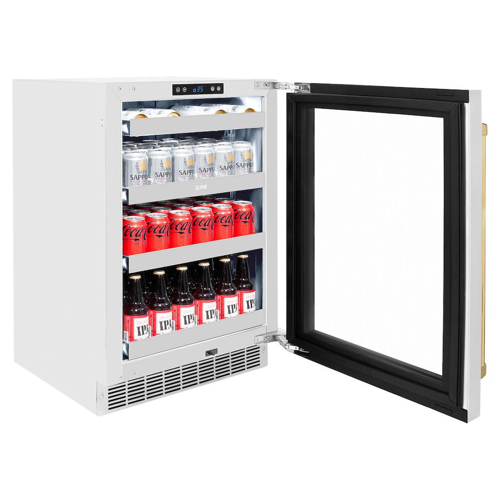 ZLINE Autograph Edition 24 in. Touchstone 151 Can Beverage Fridge With Stainless Steel Glass Door And Polished Gold Handle (RBSOZ-GS-24-G) side, open with drinks inside on adjustable shelving.