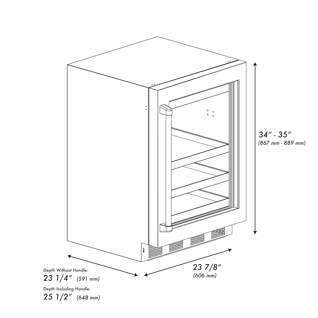 ZLINE Autograph Edition 24 in. Touchstone 151 Can Beverage Fridge With Stainless Steel Glass Door And Matte Black Handle (RBSOZ-GS-24-MB) dimensional diagram.