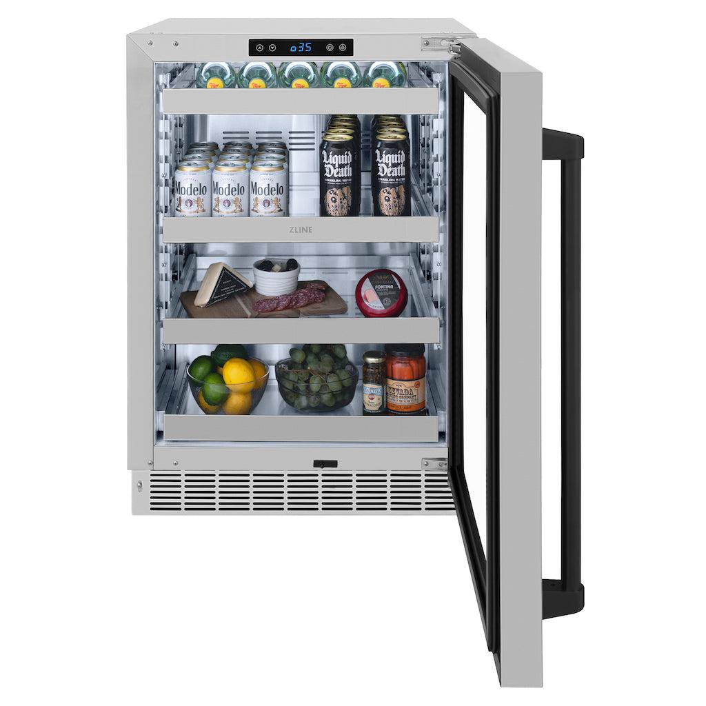 ZLINE Autograph Edition 24 in. Touchstone 151 Can Beverage Fridge With Stainless Steel Glass Door And Matte Black Handle (RBSOZ-GS-24-MB) front, open, with food and beverages inside.