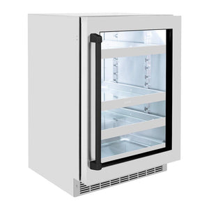 ZLINE Autograph Edition 24 in. Touchstone 151 Can Beverage Fridge With Stainless Steel Glass Door And Matte Black Handle (RBSOZ-GS-24-MB) side, door closed.