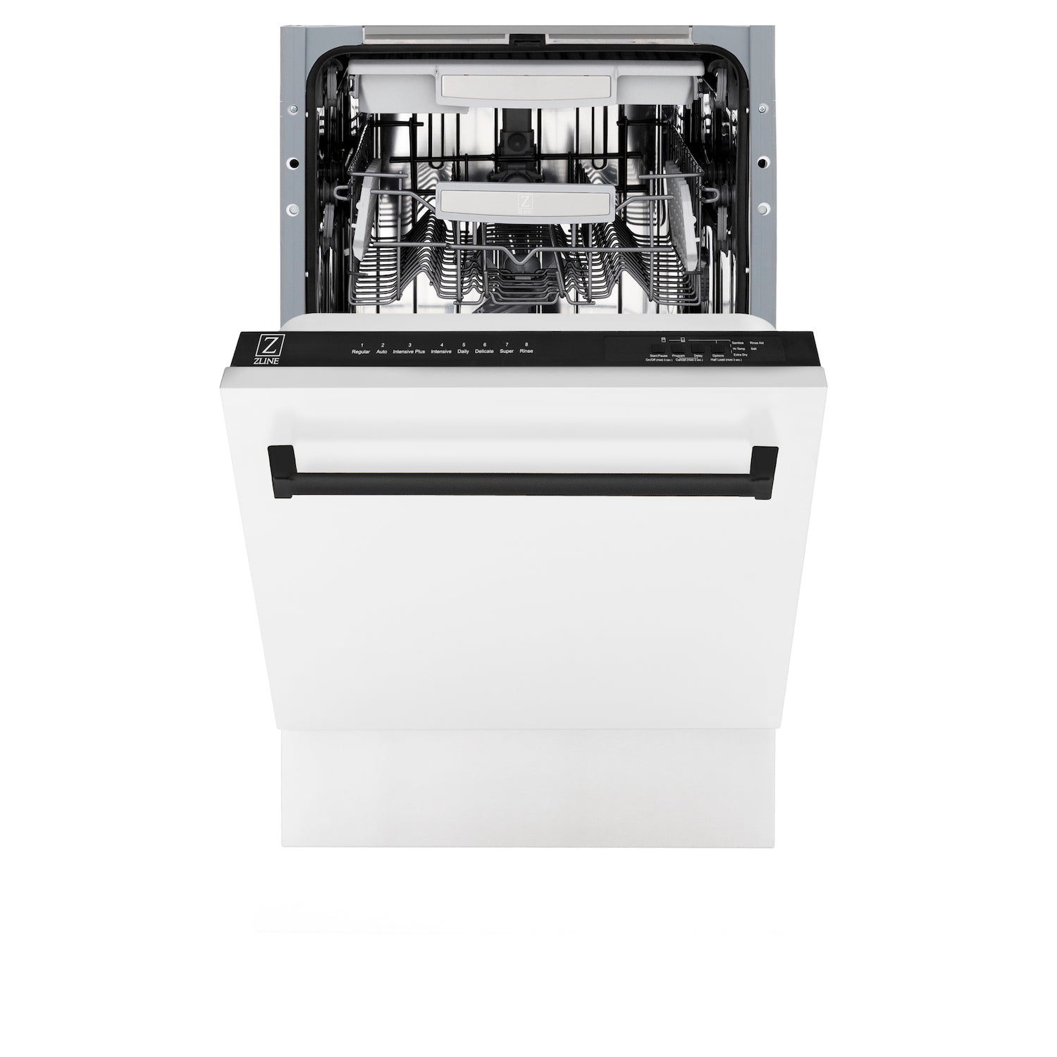 ZLINE Autograph Edition 18 in. Compact 3rd Rack Top Control Dishwasher in White Matte with Matte Black Accent Handle, 51dBa (DWVZ-WM-18-MB) front, half open.