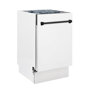 ZLINE Autograph Edition 18 in. Compact 3rd Rack Top Control Dishwasher in White Matte with Matte Black Accent Handle, 51dBa (DWVZ-WM-18-MB) side, closed.