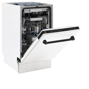 ZLINE Autograph Edition 18 in. Compact 3rd Rack Top Control Dishwasher in White Matte with Matte Black Accent Handle, 51dBa (DWVZ-WM-18-MB) side, half open.
