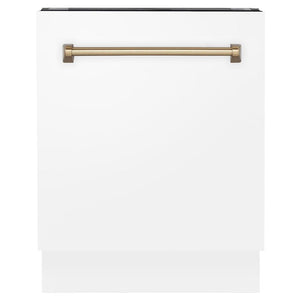 ZLINE Autograph Edition 24 in. 3rd Rack Top Control Tall Tub Dishwasher in White Matte with Champagne Bronze Accent Handle, 51dBa (DWVZ-WM-24-CB) front, closed.