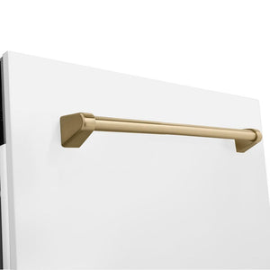ZLINE Autograph Edition 24 in. 3rd Rack Top Control Tall Tub Dishwasher in White Matte with Champagne Bronze Accent Handle, 51dBa (DWVZ-WM-24-CB) close-up, handle on dishwasher exterior.