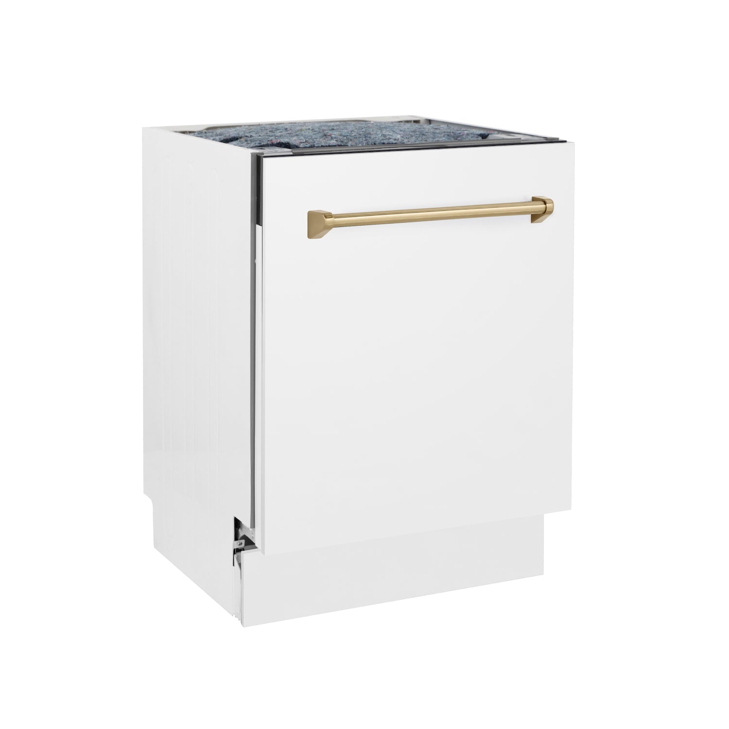 ZLINE Autograph Edition 24 in. 3rd Rack Top Control Tall Tub Dishwasher in White Matte with Champagne Bronze Accent Handle, 51dBa (DWVZ-WM-24-CB) side, closed.